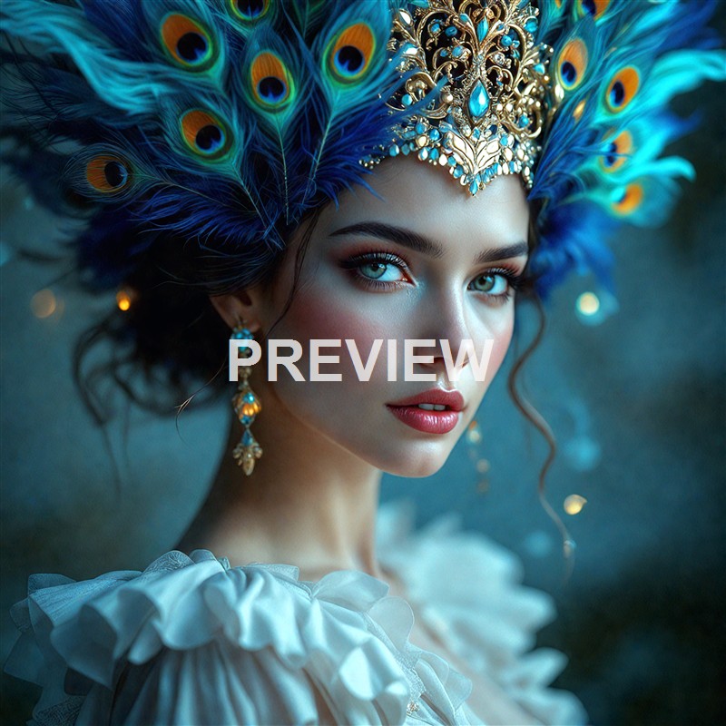 A woman with striking blue eyes wearing an elaborate headdress made of peacock feathers and ornate jewelry, with a soft, blurred background.