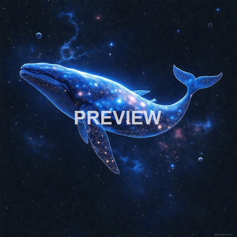 The image depicts a whale rendered with a glowing, star-filled, cosmic pattern, swimming through a dark space background filled with stars and nebulae.