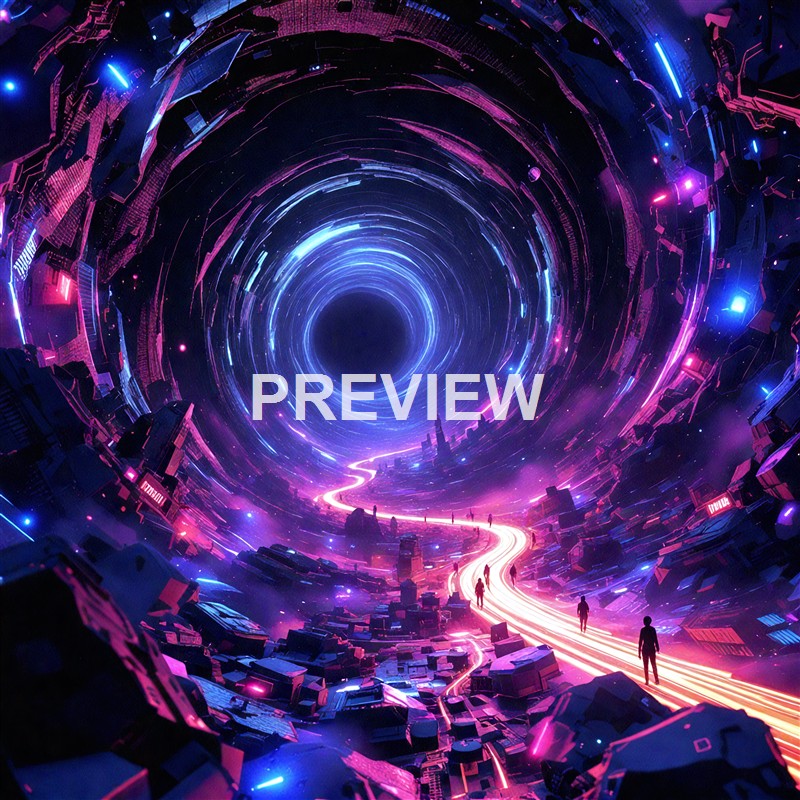A futuristic, neon-lit cityscape with a glowing spiral tunnel at its center, surrounded by scattered buildings and people walking on a winding, illuminated path.