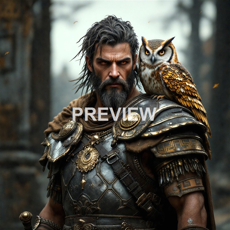 A rugged man with long, dark, and gray hair and a beard, dressed in detailed armor with a serious expression, has an owl perched on his shoulder in a forested background.