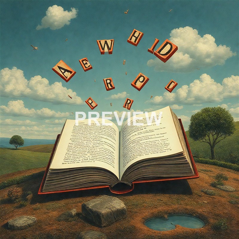 An open book is placed on the ground in a rural landscape with rolling hills, trees, and a partly cloudy sky, with floating blocks spelling "WE ARE PICTURED" above it.
