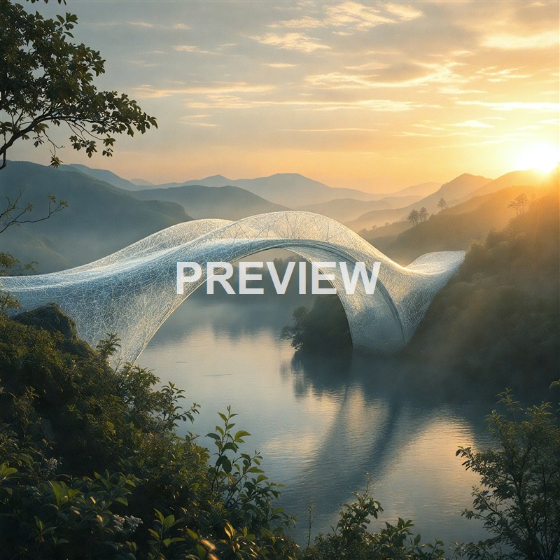 A futuristic, transparent, wave-shaped bridge spanning over a river in a lush, mountainous landscape during sunrise.