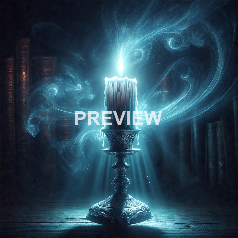 A glowing candle with a bright flame on an ornate holder, emitting swirling blue energy or light trails in a dark, mystical setting.