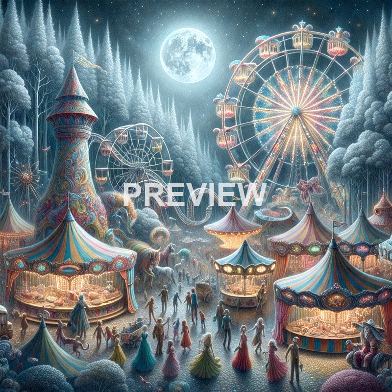 A whimsical, colorful amusement park set in a fantasy forest under a full moon, featuring a Ferris wheel, carousel tents, and various rides with visitors enjoying the scene.