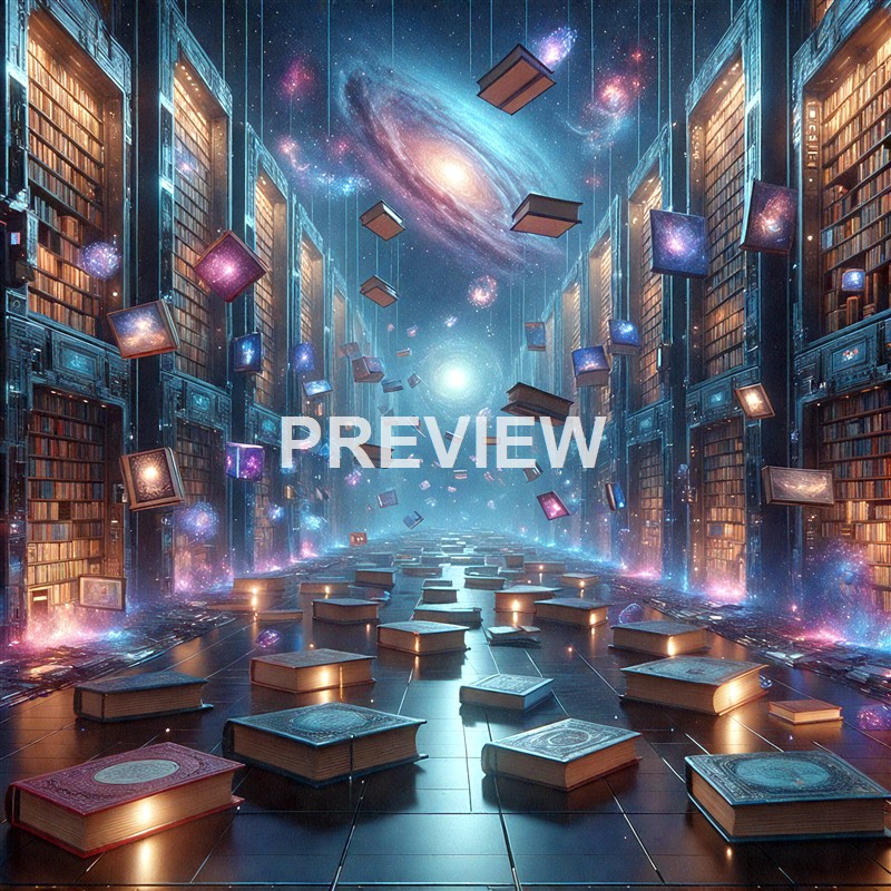 A fantastical library with towering bookshelves stretching into a cosmic sky, with books floating and glowing as galaxies and nebulae are visible overhead, creating a surreal, otherworldly scene.