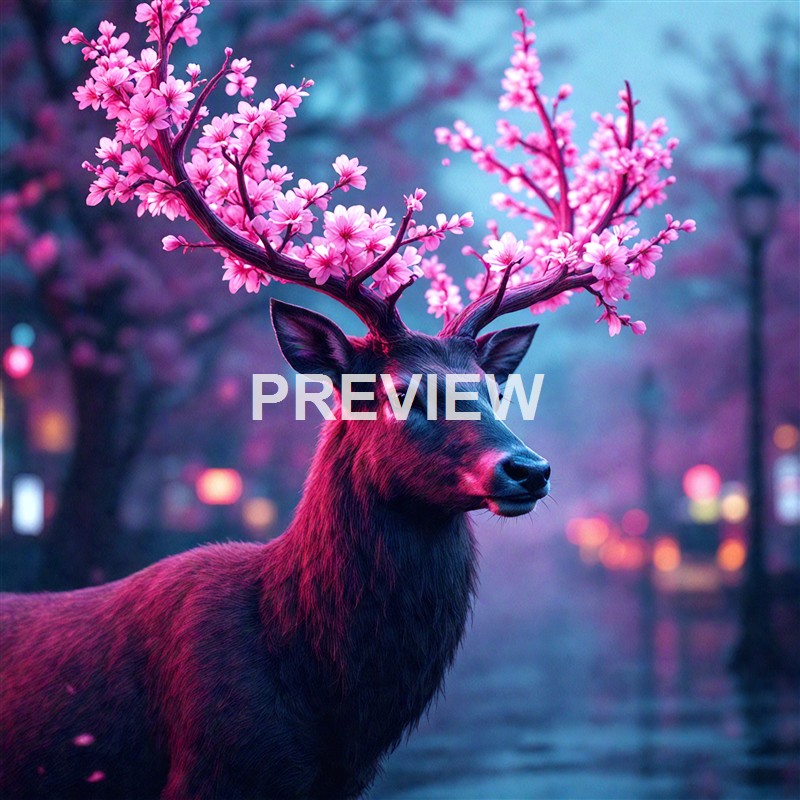 A deer with pink and purple lighting effects has antlers resembling blooming pink cherry blossoms, set against a softly blurred background of trees and lights.