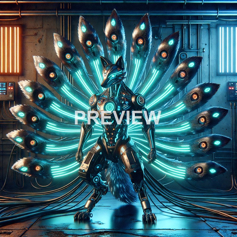 A highly detailed, futuristic robotic fox standing in a neon-lit industrial setting with glowing feathers arranged in a fan-like display behind it.