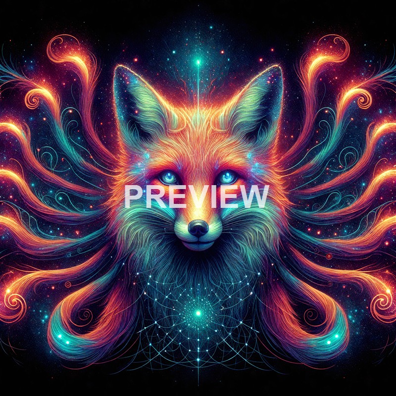 A vibrant, neon-colored digital artwork of a wolf's face with flowing, swirling patterns emanating from its head, set against a starry background.