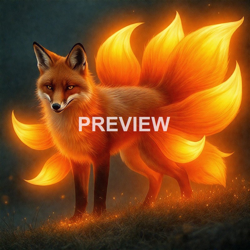 A digitally created fox with the body and tail resembling bright, glowing flames, standing on a dark, glowing ground.