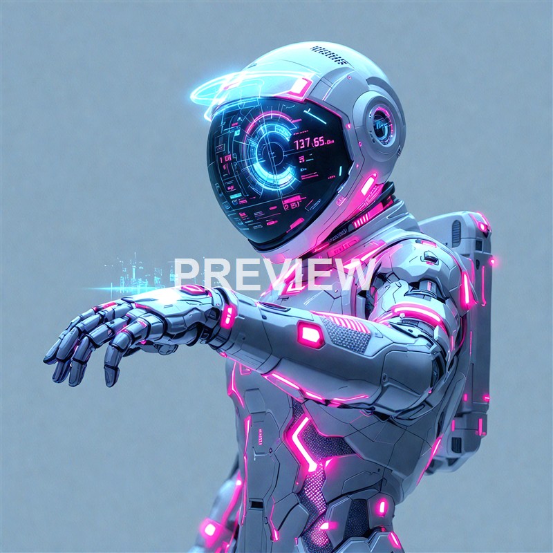 A highly detailed futuristic humanoid robot with a sleek design, glowing pink accents, and a digital display on its face, standing against a plain background.