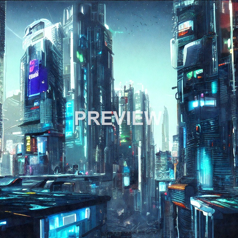 A futuristic cityscape with towering skyscrapers illuminated by vibrant neon lights, creating a cyberpunk atmosphere.