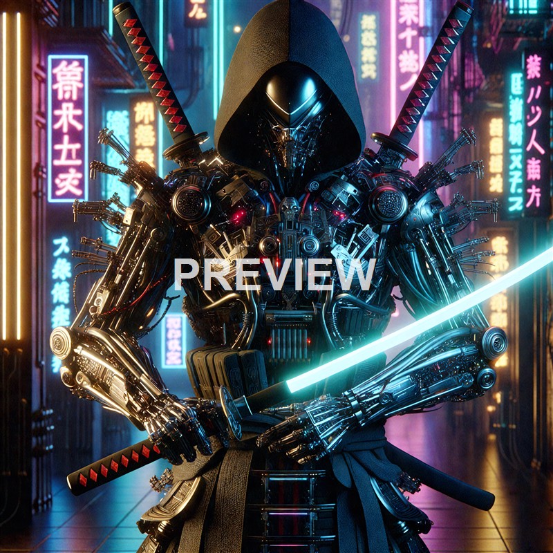A futuristic, humanoid robot dressed as a samurai with glowing eyes, holding a neon-lit katana, set against a backdrop of vibrant, neon-lit Asian cityscape signs.