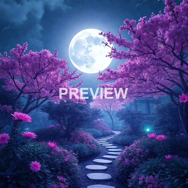 A mystical garden scene at night with a large, bright full moon illuminating pink flowering trees, a winding stone path, and glowing plants under a dark, cloudy sky.