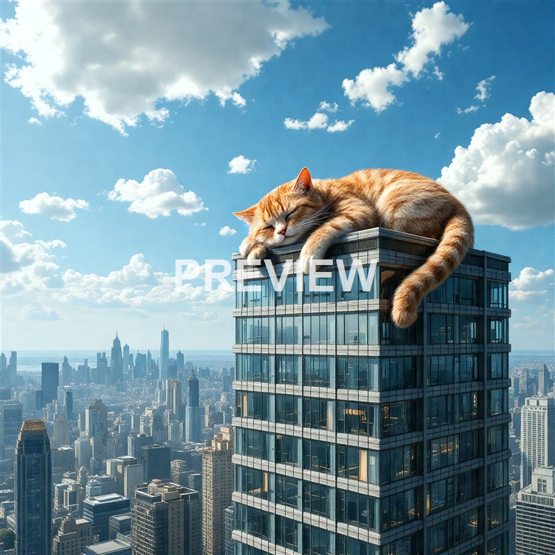 A large orange tabby cat is sleeping on the roof of a modern glass skyscraper in a cityscape under a bright blue sky with scattered clouds.