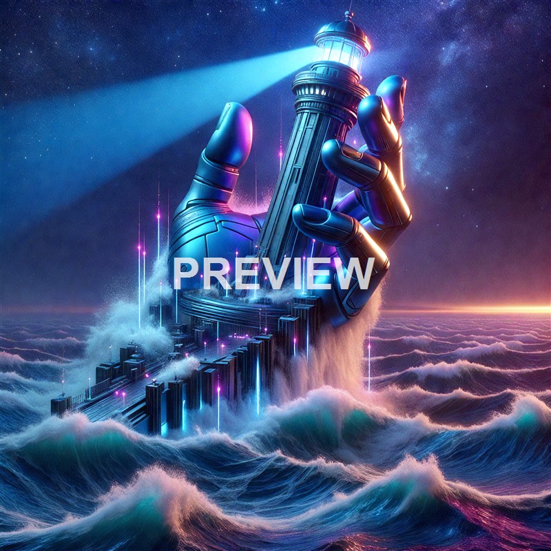 A futuristic robotic hand with a lighthouse at its fingertip is emerging from turbulent ocean waves under a starry night sky, with beams of light shining from the lighthouse.