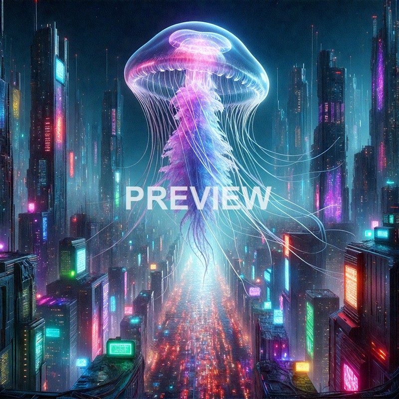 A large, glowing jellyfish floating above a futuristic cityscape at night, with tall skyscrapers illuminated by neon lights and digital billboards.