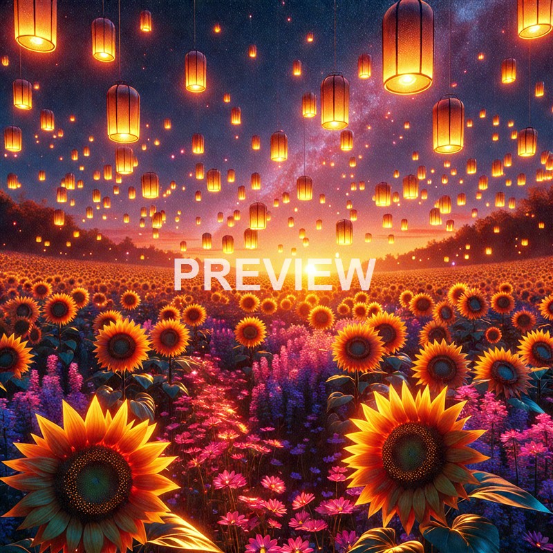 A vibrant scene of a sunflower field at sunset with numerous floating lanterns in the sky against a starry backdrop.