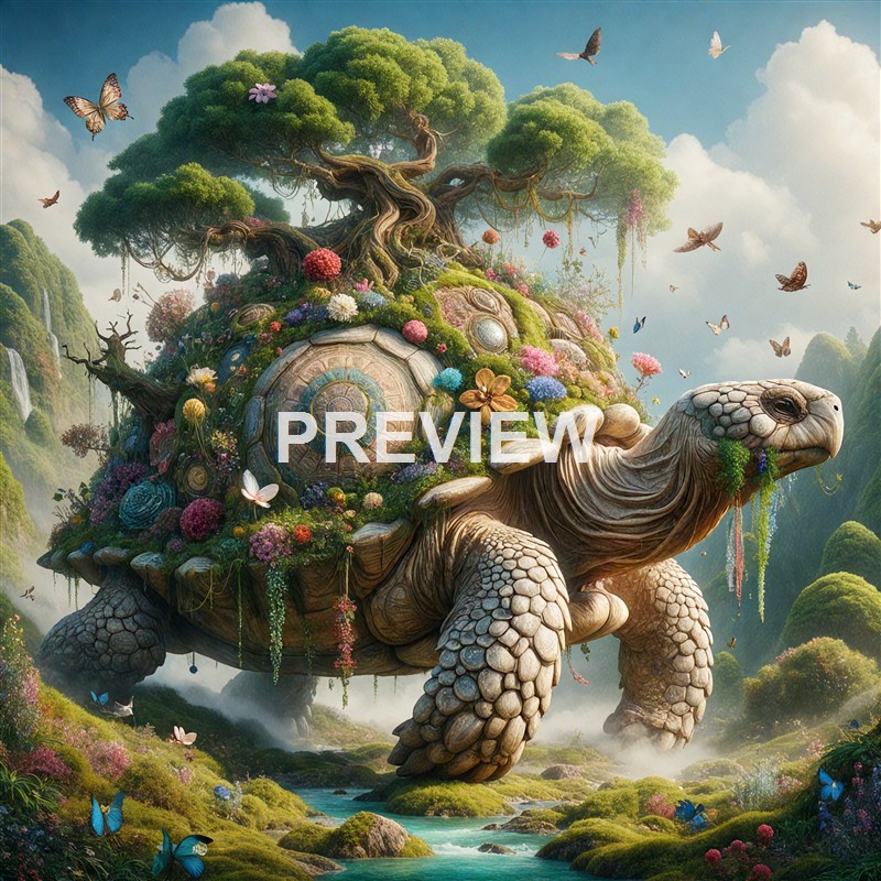 A giant turtle with a detailed, ancient shell is depicted with a massive, lush tree growing from its back, surrounded by colorful flowers and flying butterflies in a vibrant, fantasy landscape.