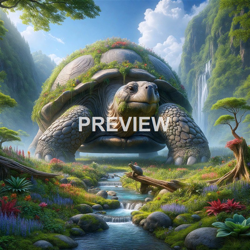 A giant turtle with a lush, flower-covered shell is situated in a vibrant, green landscape with waterfalls, trees, and a flowing stream.