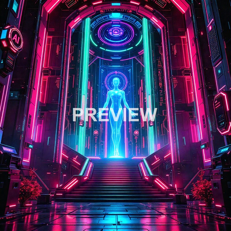 A futuristic scene featuring a glowing, digital human figure standing on a set of stairs within a high-tech, neon-lit chamber with vibrant pink, blue, and green lights.