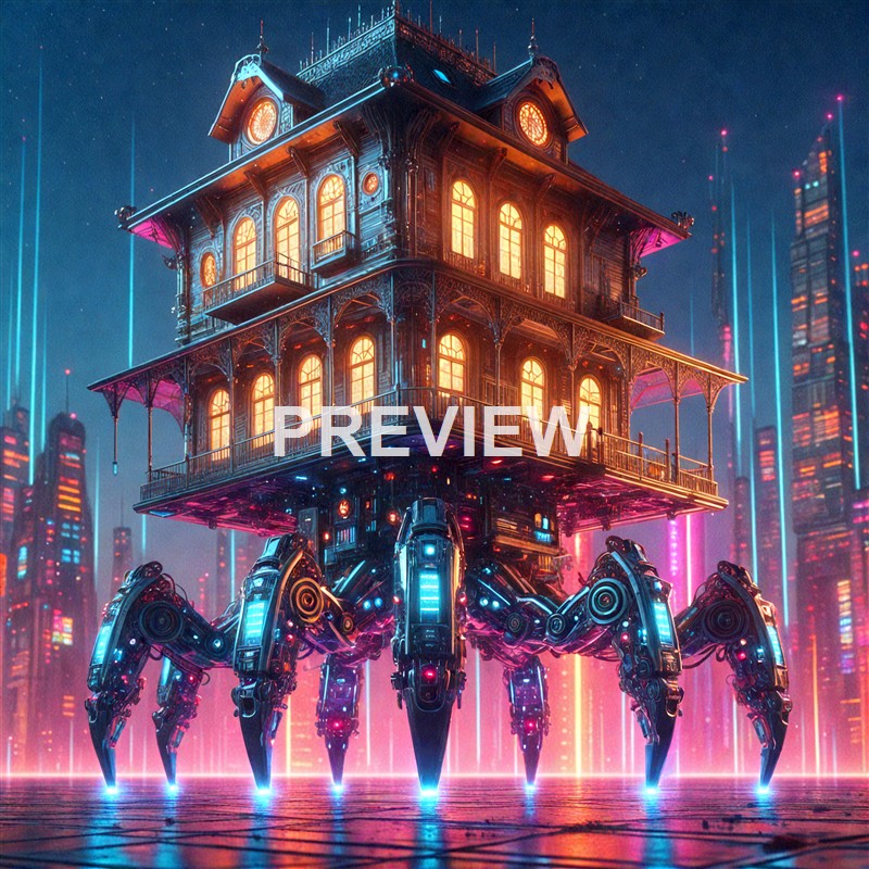 A futuristic house with multiple levels and glowing windows, elevated on mechanical spider-like legs amid a neon-lit cityscape at night.