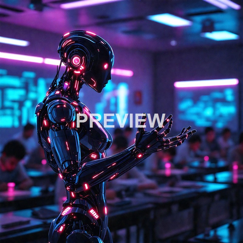 A humanoid robot with a sleek black and red illuminated design is standing in a futuristic classroom or conference room, interacting with a tablet or device while people are seated at desks in the background.