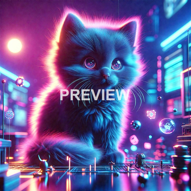 A highly detailed, neon-lit digital artwork of a cute, wide-eyed kitten with glowing fur, set against a futuristic cityscape illuminated with vibrant pink and blue lights, surrounded by floating orbs and digital elements.