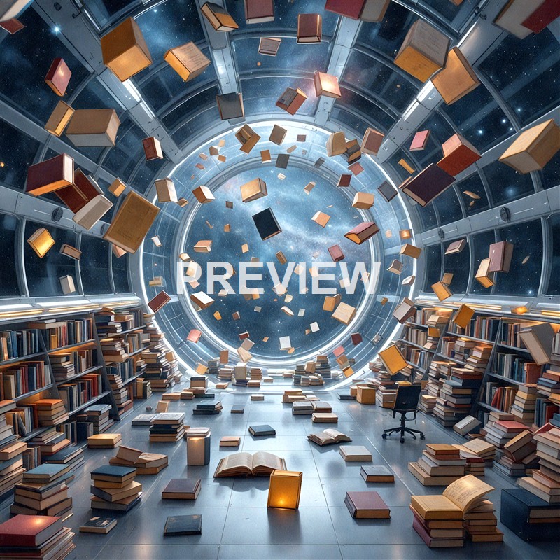 An interior space resembling a futuristic library or observatory with countless books floating and falling through a glass tunnel toward a starry outer space background.