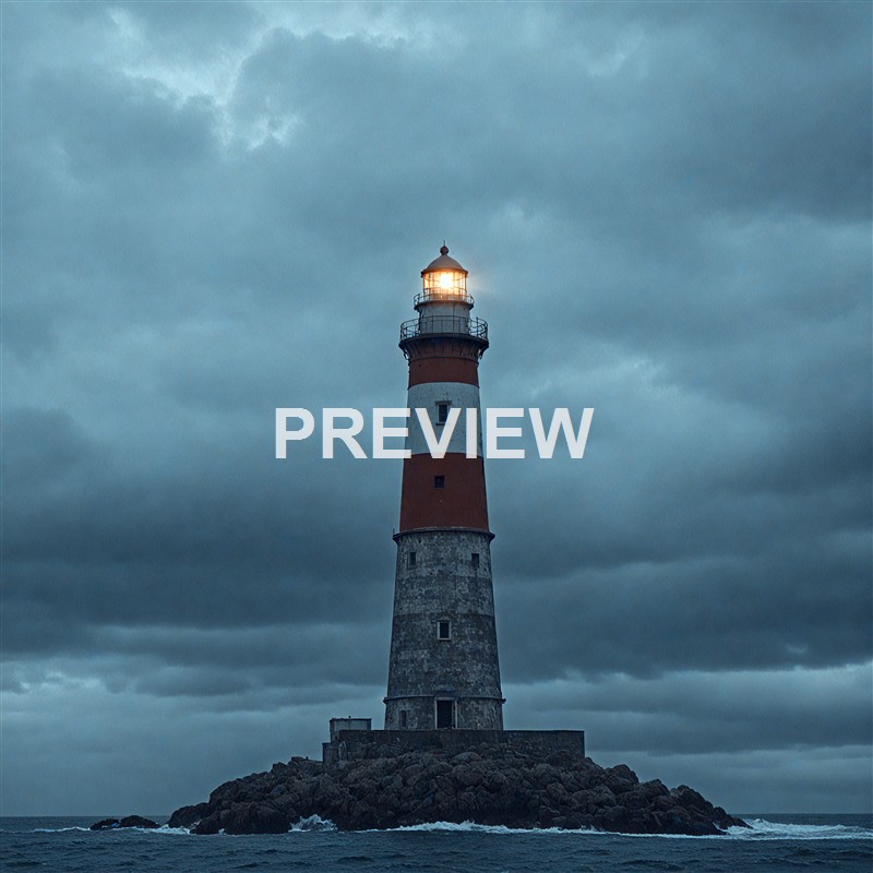 A tall lighthouse with red and white stripes stands on a rocky island surrounded by dark waters, with a glowing light at the top and a cloudy sky overhead.