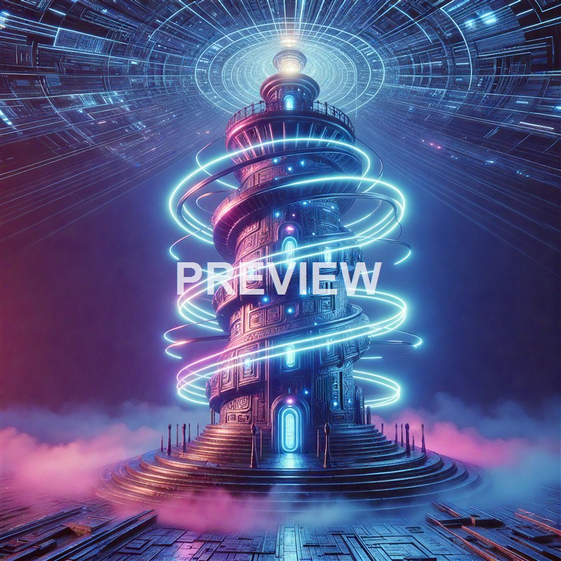 A futuristic tower with intricate patterns, glowing blue and pink lights, spiraling energy rings around it, and a luminous circular pattern in the sky above, all set against a misty, sci-fi background.