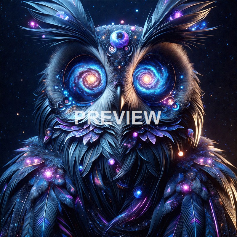 A highly detailed, surreal depiction of an owl with its feathers transformed into cosmic and galaxy-like patterns, featuring glowing eyes and celestial elements.