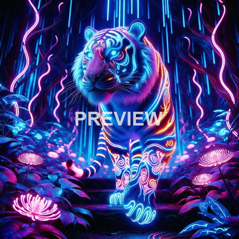 A neon-lit, digitally rendered tiger with glowing blue and orange patterns walking through a vibrant, futuristic jungle environment illuminated by bioluminescent plants and abstract light streaks.