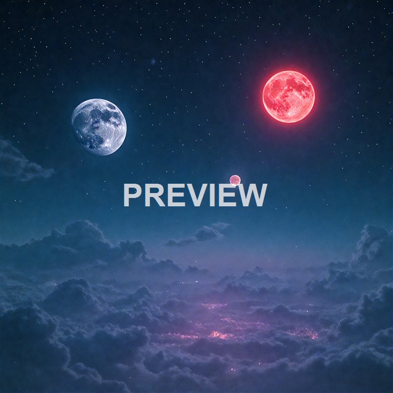 The image depicts a night sky with three moons of different sizes and colors (one blue, one red, and one pink) above a layer of clouds and a starry background.