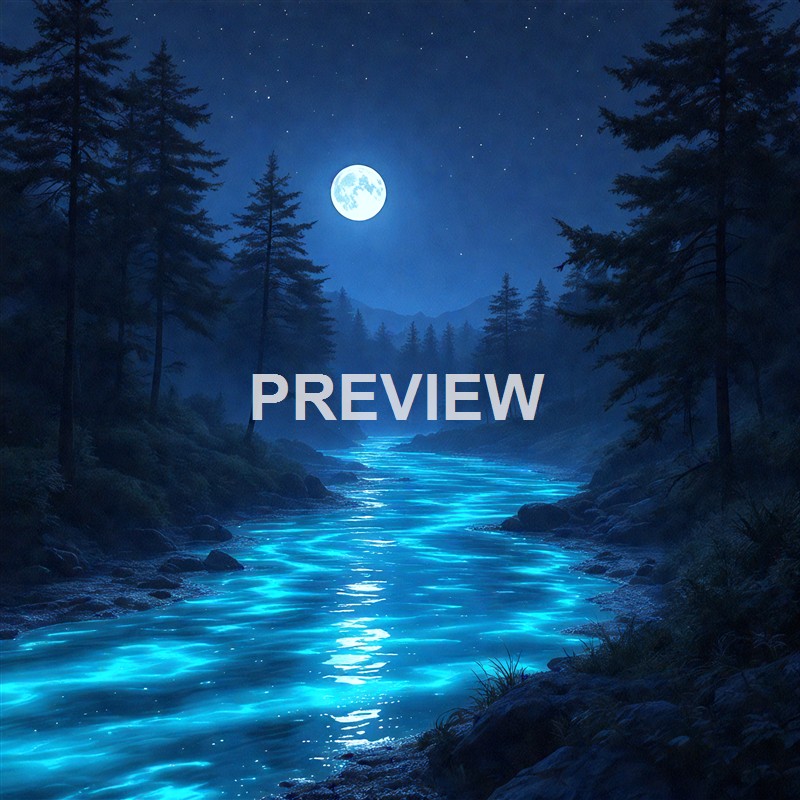 A serene night scene of a glowing blue river flowing through a dark forest with tall pine trees, illuminated by a bright full moon in a starry sky.