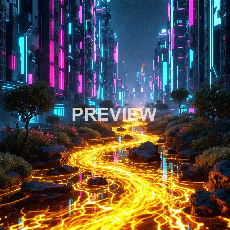 A futuristic cityscape at night with tall buildings adorned with vibrant neon lights in pink and blue, and a glowing yellow river flowing through a park-like area with rocks and trees.