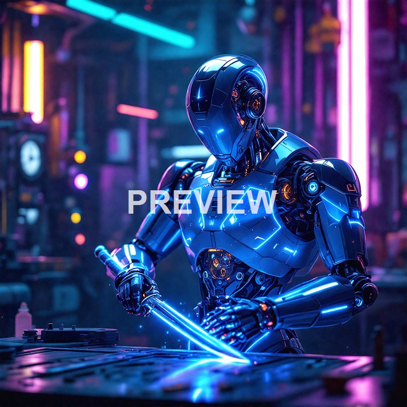 A futuristic humanoid robot with glowing blue lights working with a tool in a neon-lit cyberpunk environment.