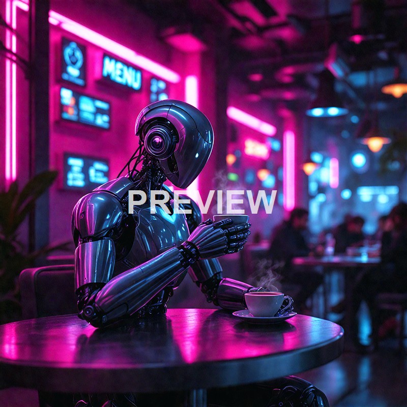 A humanoid robot with a sleek, shiny black and silver exterior is sitting at a table in a neon-lit café, holding a steaming cup of coffee and looking at a smartphone, with other patrons in the background.