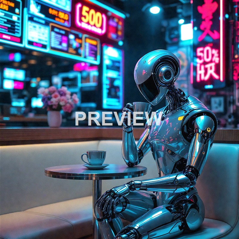 A sleek, humanoid robot with a shiny metallic body is sitting in a neon-lit cafe, sipping from a cup while surrounded by vibrant, colorful signage in what appears to be an urban cityscape.