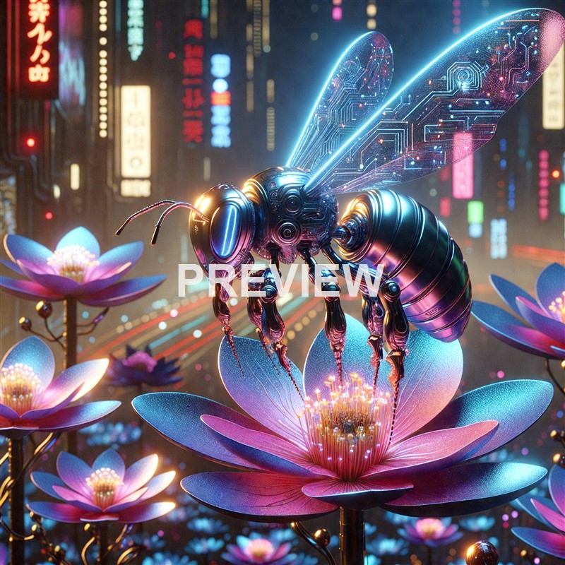 A highly detailed, futuristic digital illustration of a robotic bee with glowing wings hovering above luminous pink and purple lotus flowers in a vibrant, neon-lit cityscape background.