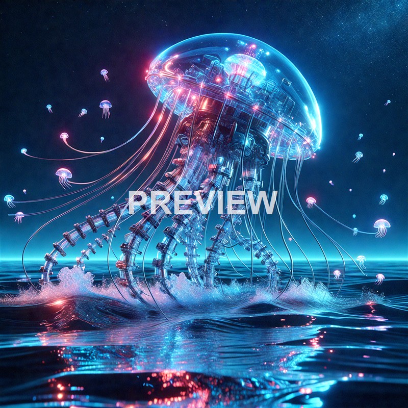 A futuristic, glowing jellyfish-like robotic creature with transparent tentacles and a dome-shaped top, floating above a reflective water surface in a dark, starry environment.