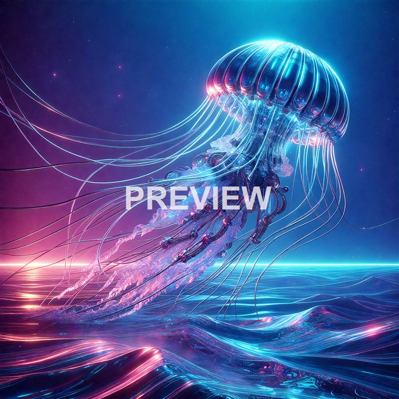 A glowing, neon-colored jellyfish with intricate, luminous tentacles floats above a stylized, shimmering ocean under a starry sky.