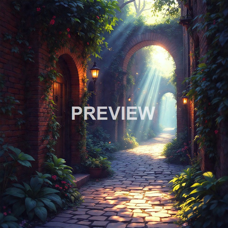 A serene, cobblestone pathway lined with brick arches and lush greenery, illuminated by warm lanterns with sunlight streaming through the trees overhead.