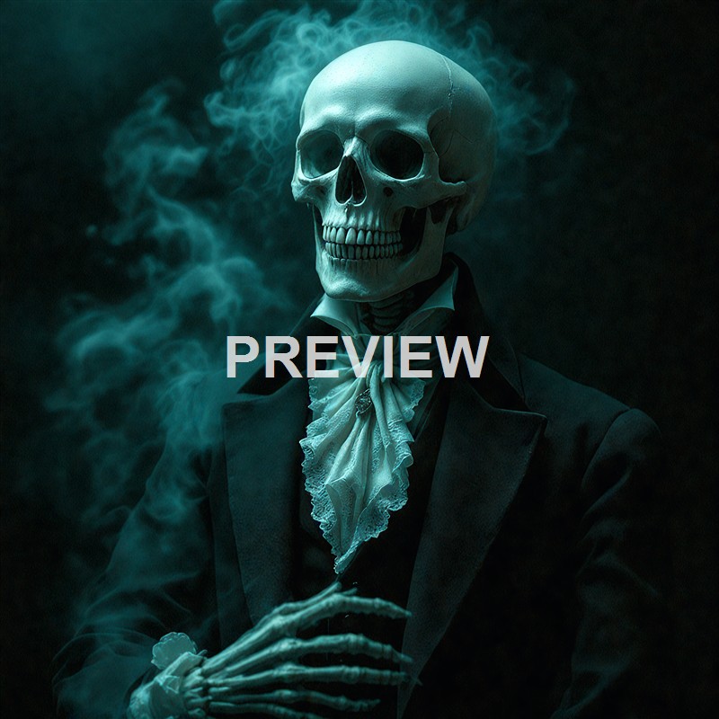A skeleton dressed in vintage formal attire, including a cravat and coat, with smoke swirling around it against a dark background.