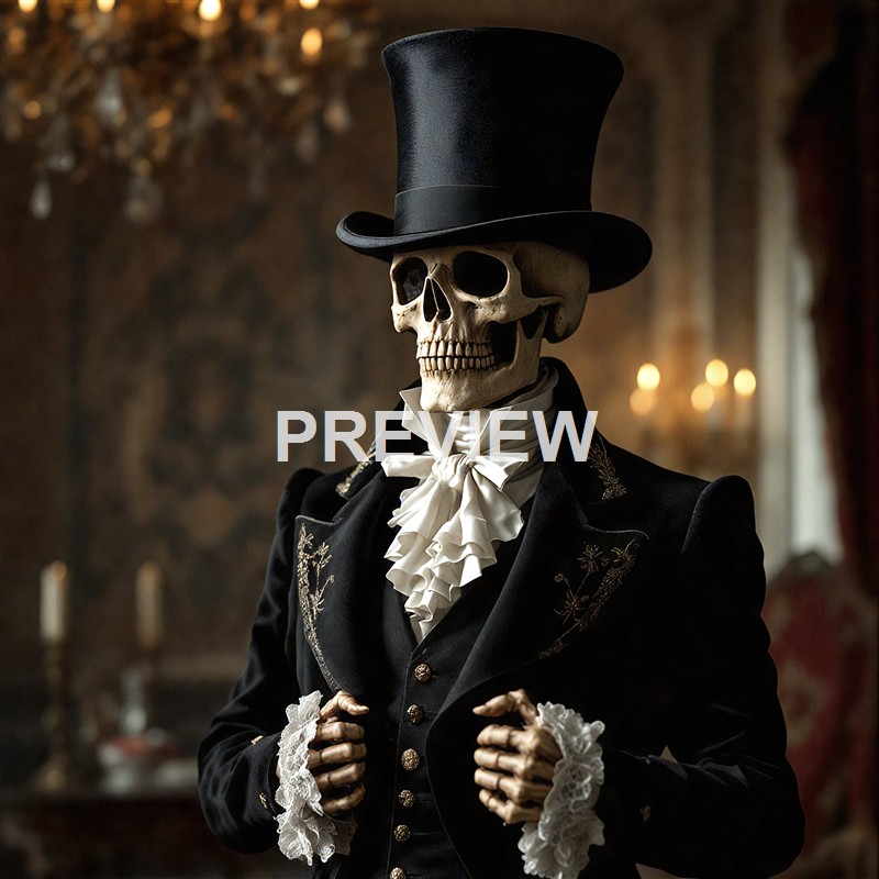 A skeleton dressed in Victorian-style clothing with a top hat and lace cuffs, posed in an ornate, dimly lit room.