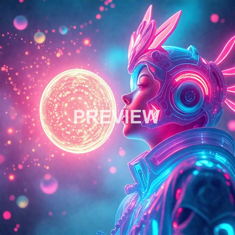 A futuristic, cybernetic woman with glowing neon accents on her helmet and clothing, gazing at a luminous, swirling orb in a vibrant, sci-fi-inspired space background.