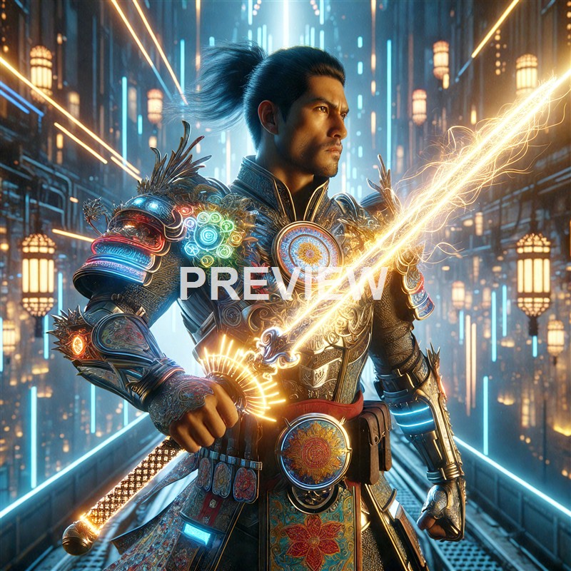 A man dressed in ornate, futuristic armor with glowing elements, holding a sword emitting golden lightning, standing in a high-tech, illuminated corridor.