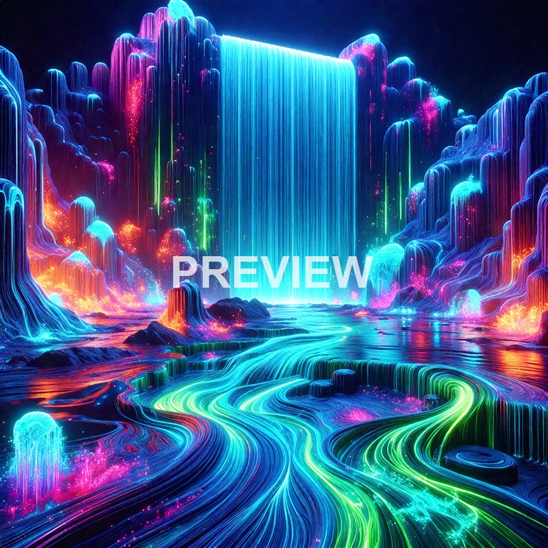 A vibrant, neon-lit digital landscape featuring a cascading waterfall with glowing, colorful streams flowing into a winding river surrounded by luminous, abstract rock formations.