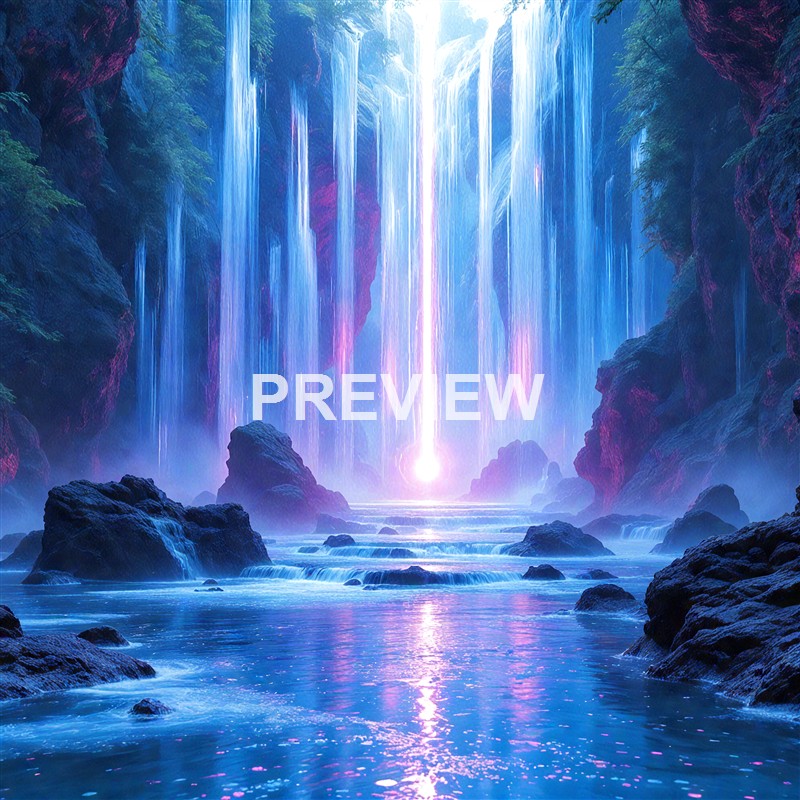A fantastical scene of a glowing waterfall with multiple streams of light cascading into a tranquil, misty pool surrounded by dark rocks and lush trees, illuminated by vibrant pink and blue hues.