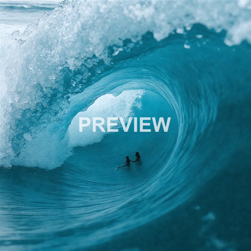 Two surfers are seen inside a large, curling ocean wave with a bright blue hue, surrounded by foamy water.