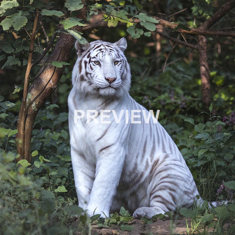 A white tiger with black stripes sitting on the ground amidst green foliage and trees in a natural environment.